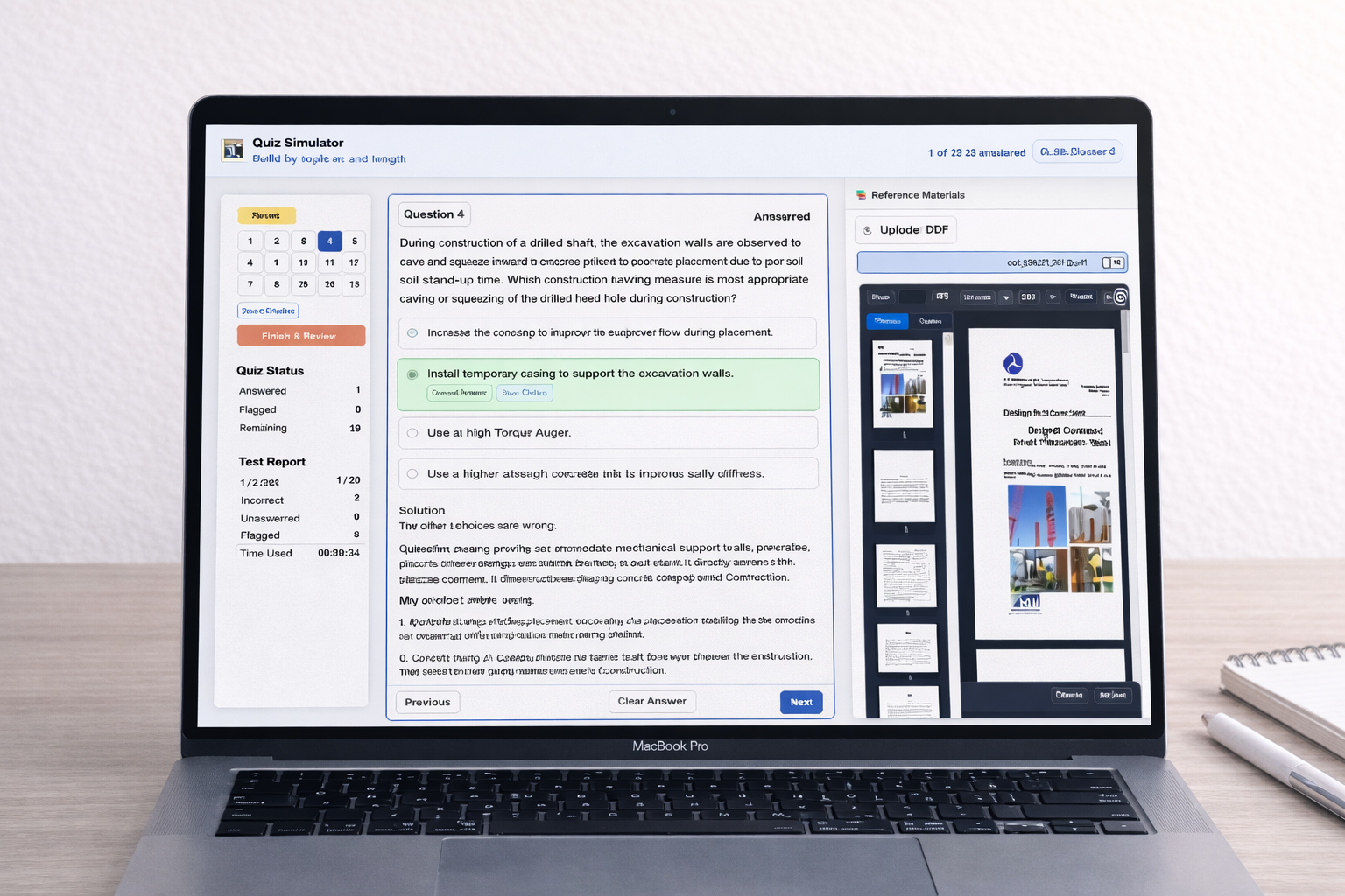 Quiz simulator interface showing timed questions and reference materials